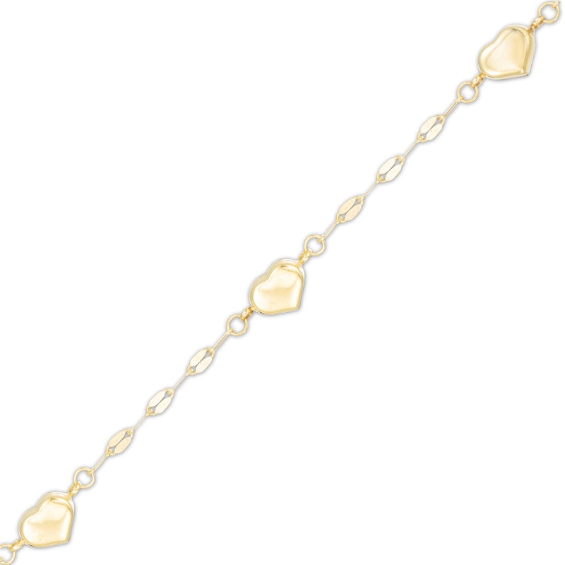 030 Gauge Solid Flat Rolo Chain Heart Station Anklet in 10K Gold – 10"