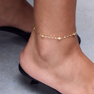030 Gauge Solid Flat Rolo Chain Heart Station Anklet in 10K Gold – 10"