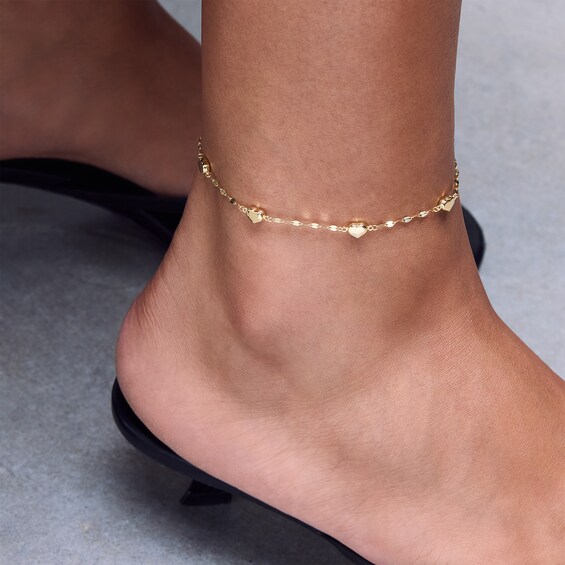 030 Gauge Solid Flat Rolo Chain Heart Station Anklet in 10K Gold – 10"