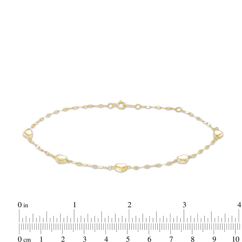 030 Gauge Solid Flat Rolo Chain Heart Station Anklet in 10K Gold – 10"