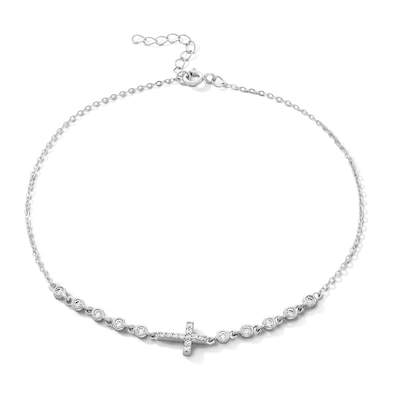Solid Sterling Silver CZ Sideways Cross and Bezel-Set Side Accent Anklet - 9" + 1"