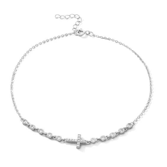 Cubic Zirconia Sideways Cross with Bezel-Set Side Accent Anklet in Sterling Silver - 10"