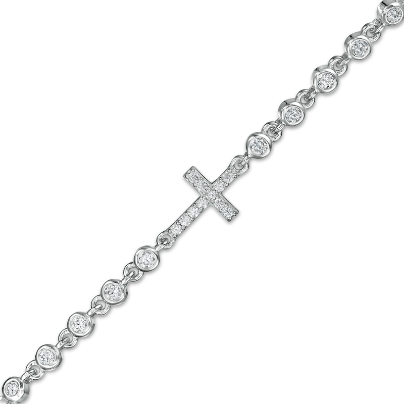 Solid Sterling Silver CZ Sideways Cross and Bezel-Set Side Accent Anklet - 9" + 1"