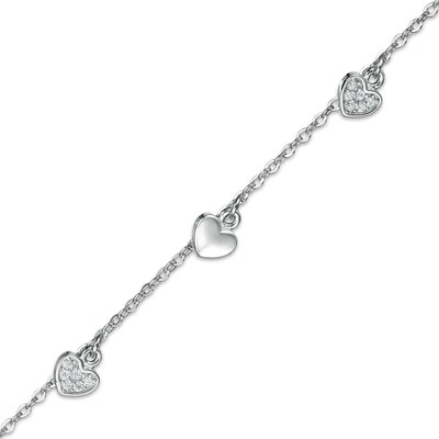Cubic Zirconia Composite and Polished Heart Alternating Dangle Station Anklet in Sterling Silver - 10"