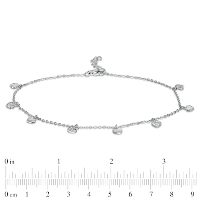 Cubic Zirconia Composite and Polished Heart Alternating Dangle Station Anklet in Sterling Silver - 10"