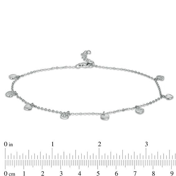 Cubic Zirconia Composite and Polished Heart Alternating Dangle Station Anklet in Sterling Silver - 10"