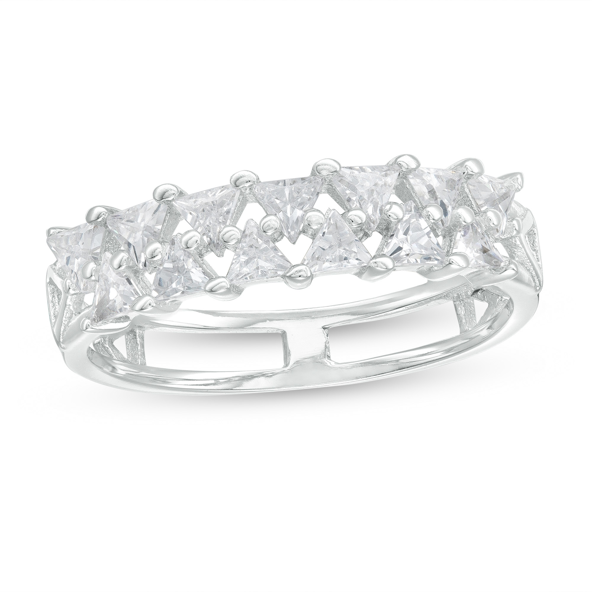 Solid Sterling Sliver Trillion-Cut CZ Double Row Ring - Size 8