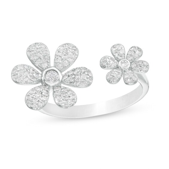 Cubic Zirconia Double Flower Wrap Ring in Sterling Silver - Size 6