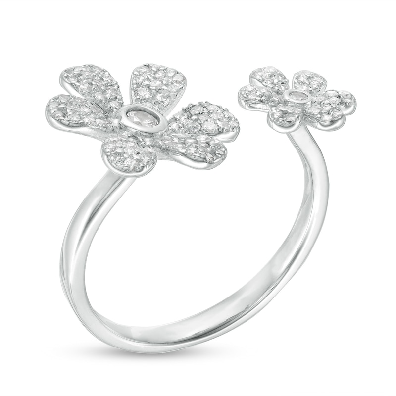 Cubic Zirconia Double Flower Wrap Ring in Sterling Silver - Size 6