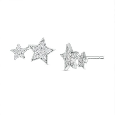 Cubic Zirconia Cluster Double Star Stud Earrings in Sterling Silver