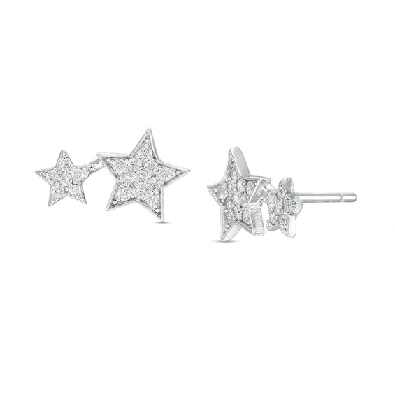 Cubic Zirconia Cluster Double Star Stud Earrings in Sterling Silver
