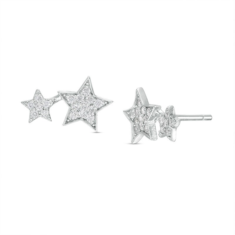 Cubic Zirconia Cluster Double Star Stud Earrings in Sterling Silver