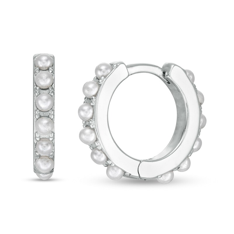 Simulated Pearl Huggie Hoop Earrings in Sterling Silver