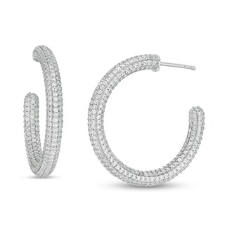 Cubic Zirconia Pavé Tube J-Hoop Earrings in Sterling Silver