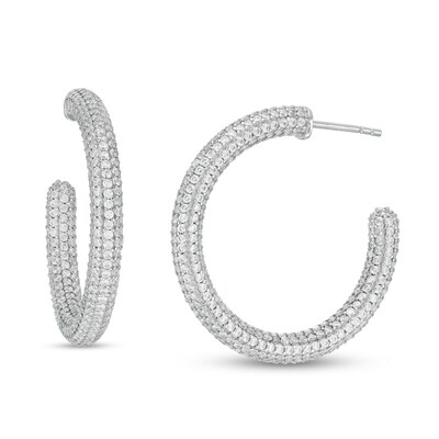 Cubic Zirconia Pavé Tube J-Hoop Earrings in Sterling Silver