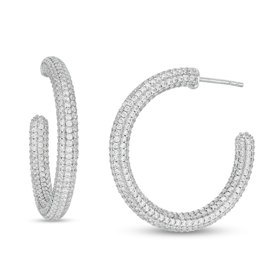 Cubic Zirconia Pavé Tube J-Hoop Earrings in Sterling Silver