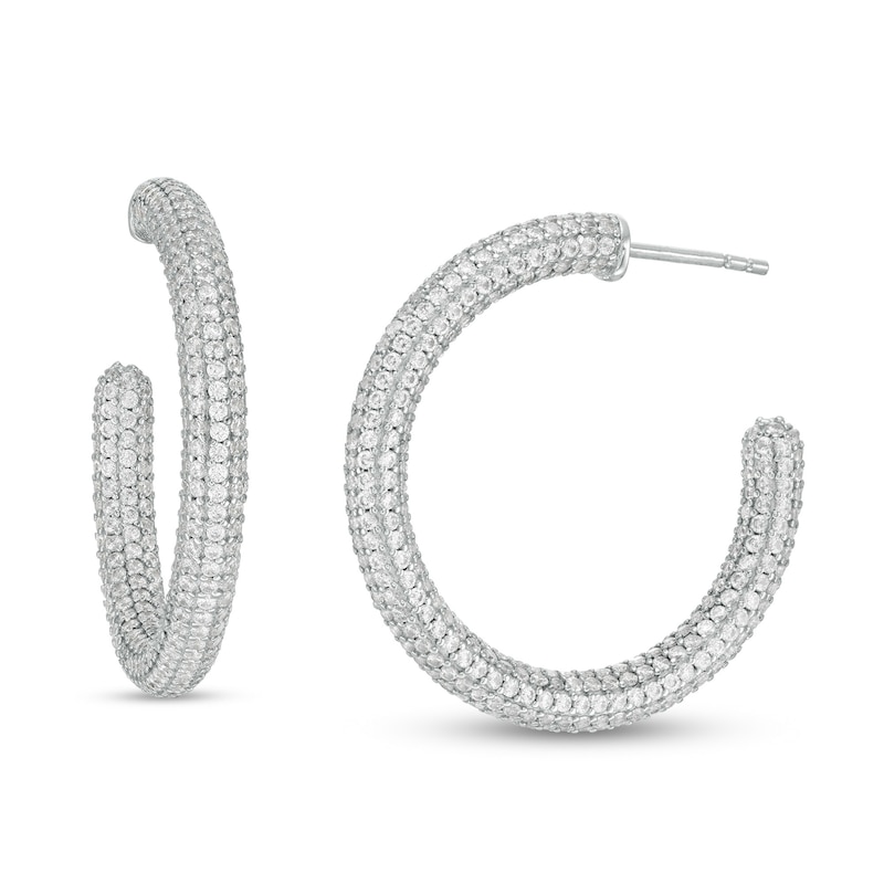 Cubic Zirconia Pavé Tube J-Hoop Earrings in Sterling Silver