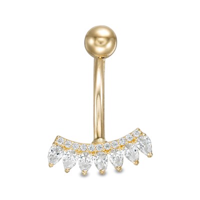 014 Gauge Pear-Shaped and Round Cubic Zirconia Curved Bar Belly Button Ring in 10K Gold