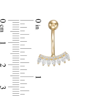014 Gauge Pear-Shaped and Round Cubic Zirconia Curved Bar Belly Button Ring in 10K Gold