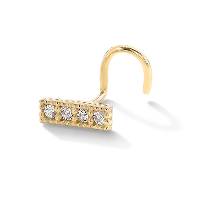 14K Semi-Solid Gold CZ Beaded Bar Screw-Style Nose Stud - 22G