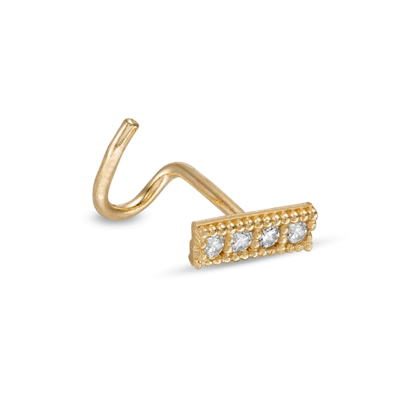14K Semi-Solid Gold CZ Beaded Bar Screw-Style Nose Stud - 22G