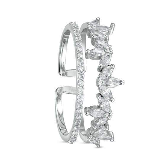 Adjustable Marquise and Round Cubic Zirconia Leafy Double Row Open Shank Toe Ring in Sterling Silver