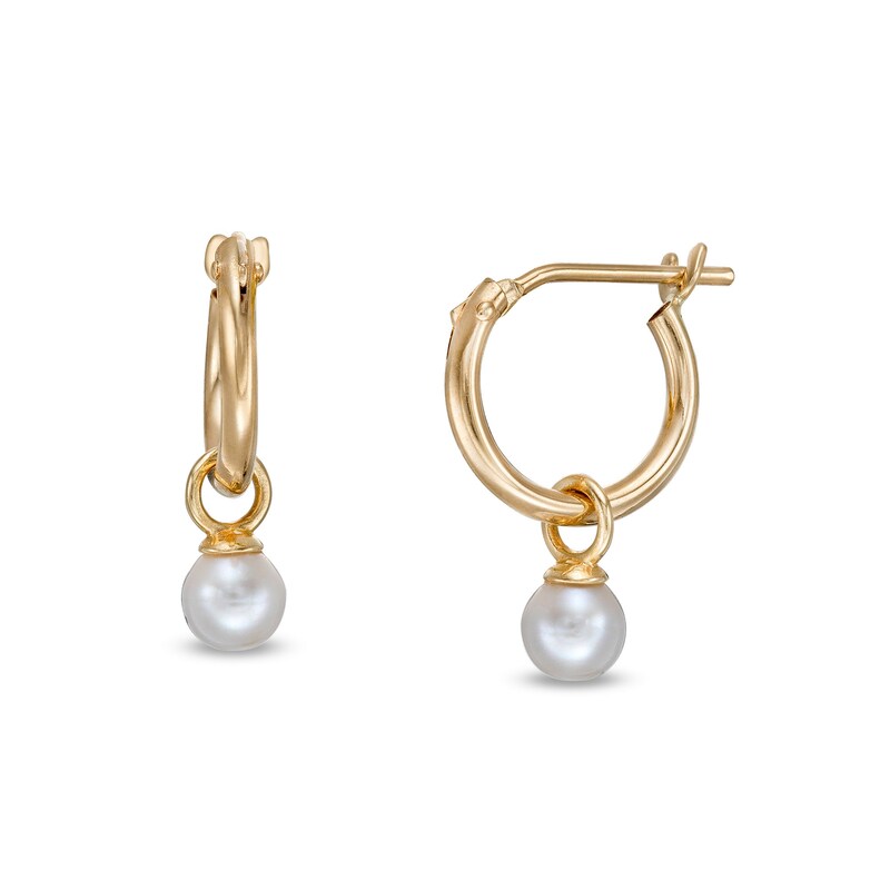 Child's 3mm Simulated Pearl Dangle Hoop Earrings in 10K Gold