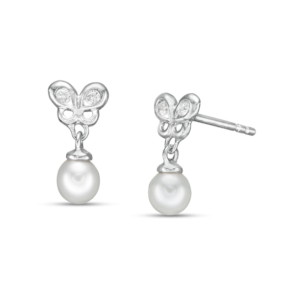 Child's 3mm Simulated Pearl and Cubic Zirconia Butterfly Drop Earrings in Sterling Silver