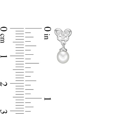 Child's 3mm Simulated Pearl and Cubic Zirconia Butterfly Drop Earrings in Sterling Silver