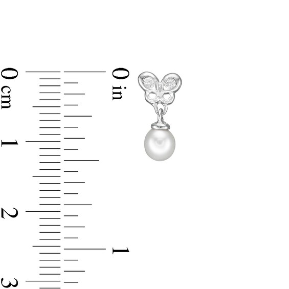 Child's 3mm Simulated Pearl and Cubic Zirconia Butterfly Drop Earrings in Sterling Silver