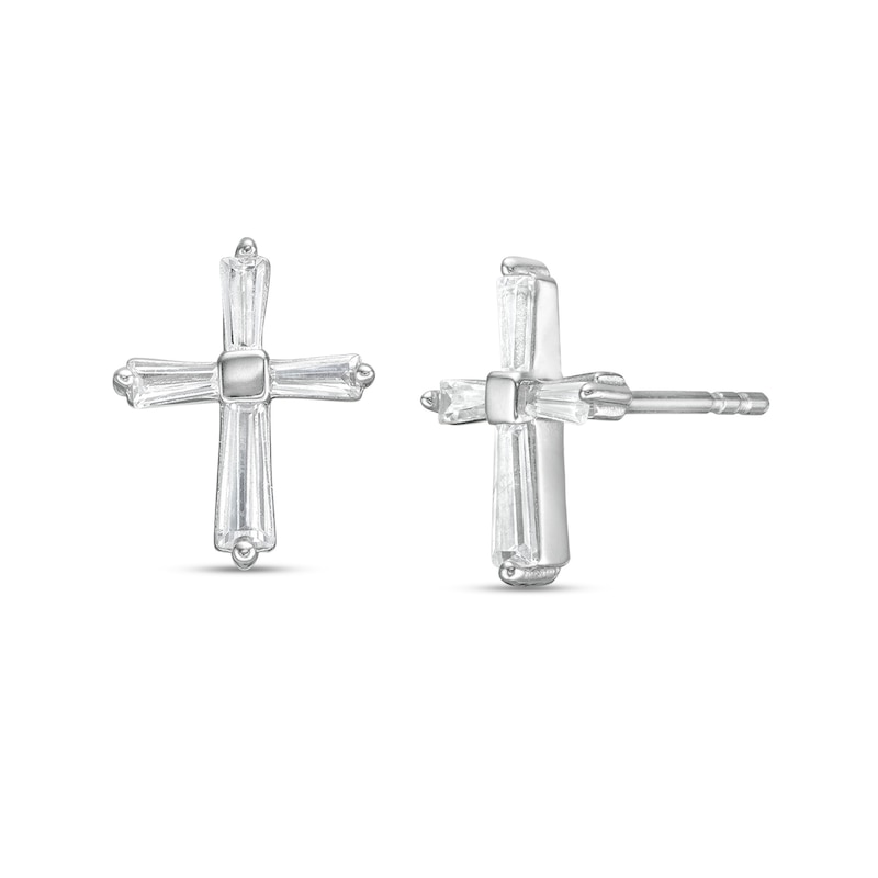 Child's Baguette Cubic Zirconia Cross Stud Earrings in Sterling Silver