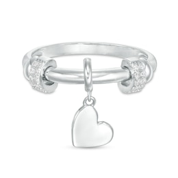 Cubic Zirconia Double Barrel Charm and Heart Disc Dangle Collar Ring in Solid Sterling Silver - Size 6