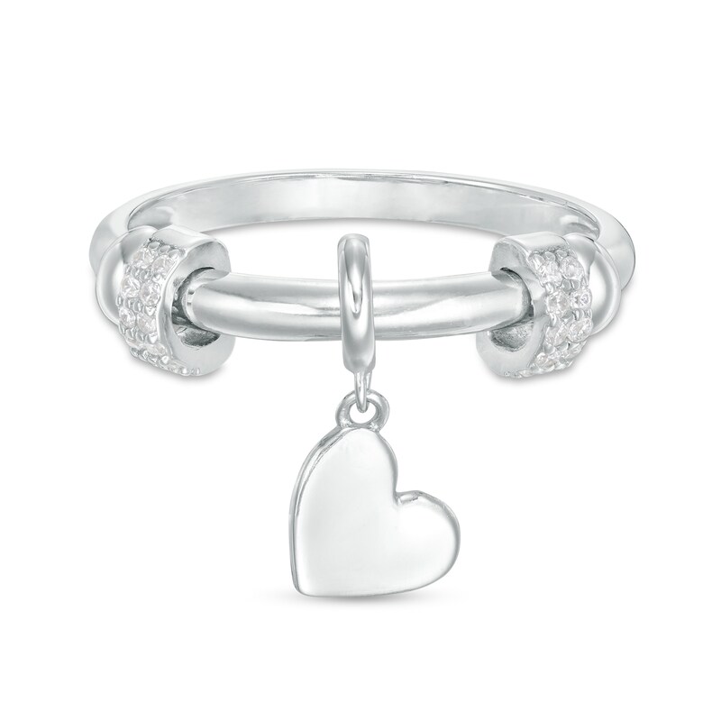 Cubic Zirconia Double Barrel Charm and Heart Disc Dangle Collar Ring in Solid Sterling Silver - Size 6