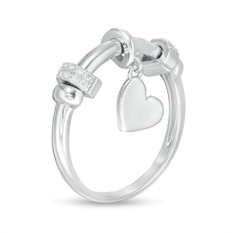 Cubic Zirconia Double Barrel Charm and Heart Disc Dangle Collar Ring in Solid Sterling Silver - Size 6