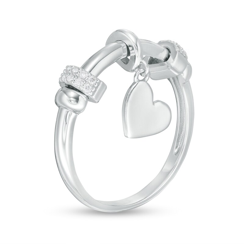 Main Image 2 of Cubic Zirconia Double Barrel Charm and Heart Disc Dangle Collar Ring in Solid Sterling Silver - Size 6