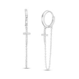 Cubic Zirconia Mini Cross with Chain Loop Drop Earrings in Semi-Solid Sterling Silver