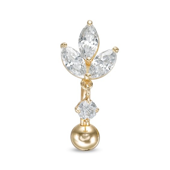 014 Gauge Marquise and Round Cubic Zirconia Tri-Leaf Dangle Accent Top Down Belly Button Ring in 10K Gold