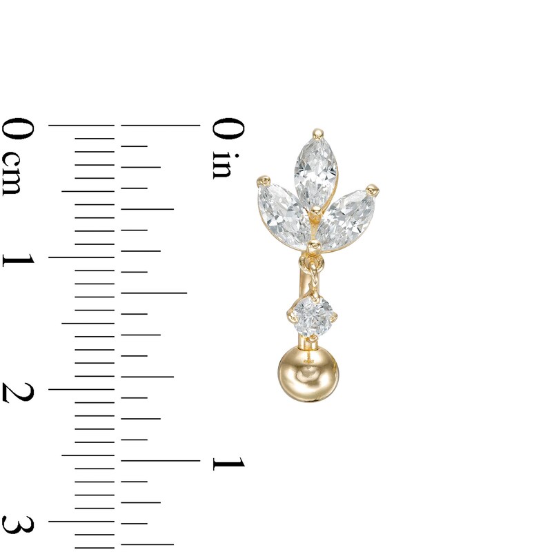 Main Image 2 of 014 Gauge Marquise and Round Cubic Zirconia Tri-Leaf Dangle Accent Top Down Belly Button Ring in 10K Gold