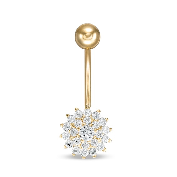 014 Gauge Cubic Zirconia Double Frame Flower Belly Button Ring in 10K Gold