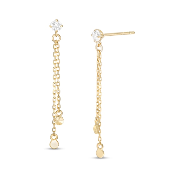 10K Gold CZ Solitaire Chain Drop Earrings