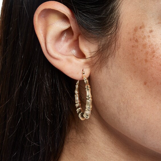 10K Stamp Hollow Gold Bamboo Hoops