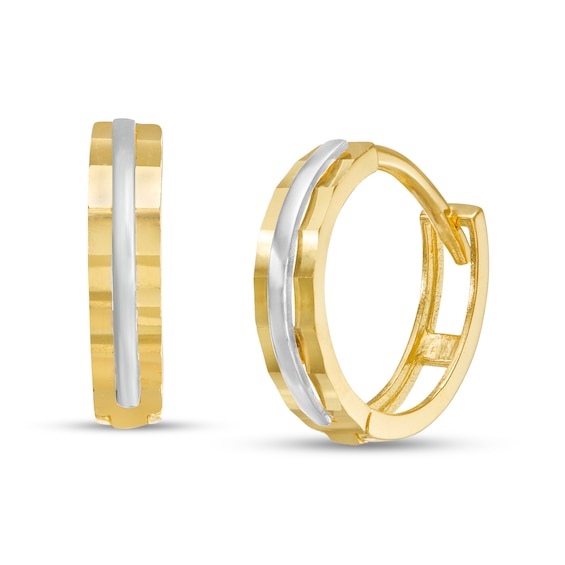 10mm Diamond-Cut Bevelled Edge Huggie Hoop Earrings in 10K Two-Tone Gold