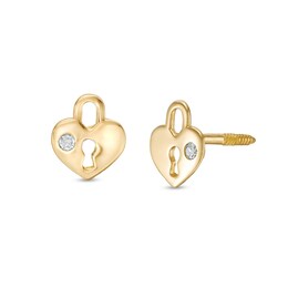 Child's Cubic Zirconia Heart-Shaped Lock Stud Earrings in 10K Gold