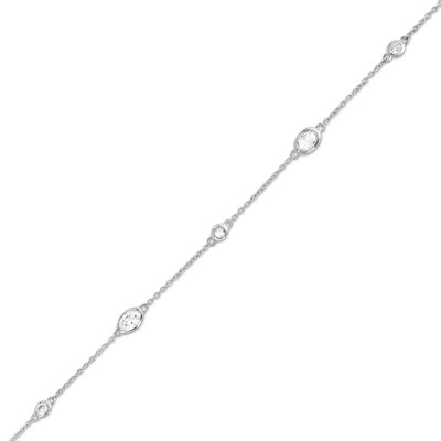 Oval and Round Cubic Zirconia Alternating Station Anklet in Sterling Silver - 10"