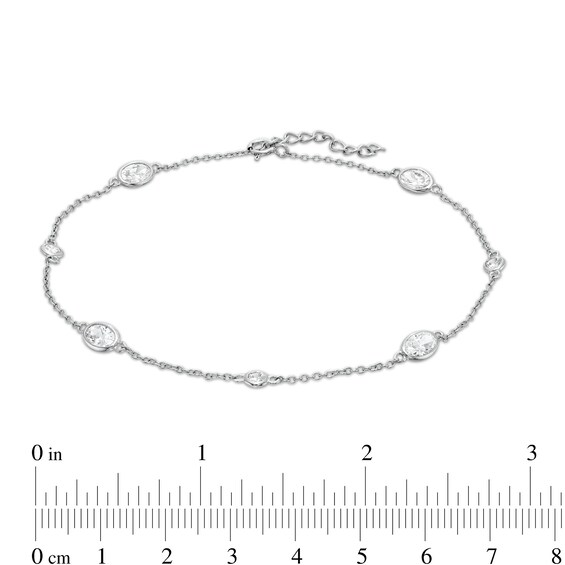 Oval and Round Cubic Zirconia Alternating Station Anklet in Sterling Silver - 10"