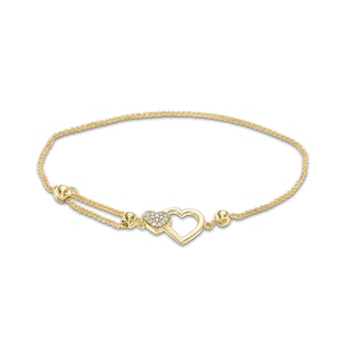 Child's Cubic Zirconia Double Heart Bolo Bracelet in 10K Solid Gold - 7"