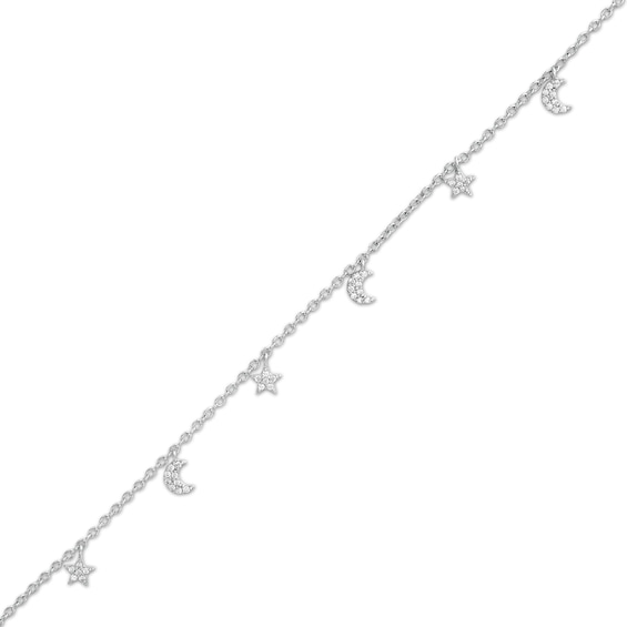 Solid Sterling Silver CZ Moon and Star Charm Anklet