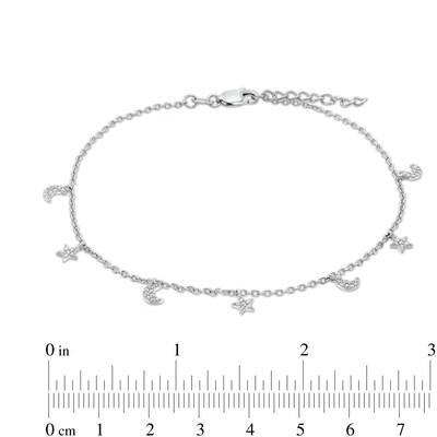 Solid Sterling Silver CZ Moon and Star Charm Anklet
