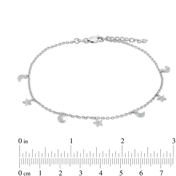 Solid Sterling Silver CZ Moon and Star Charm Anklet