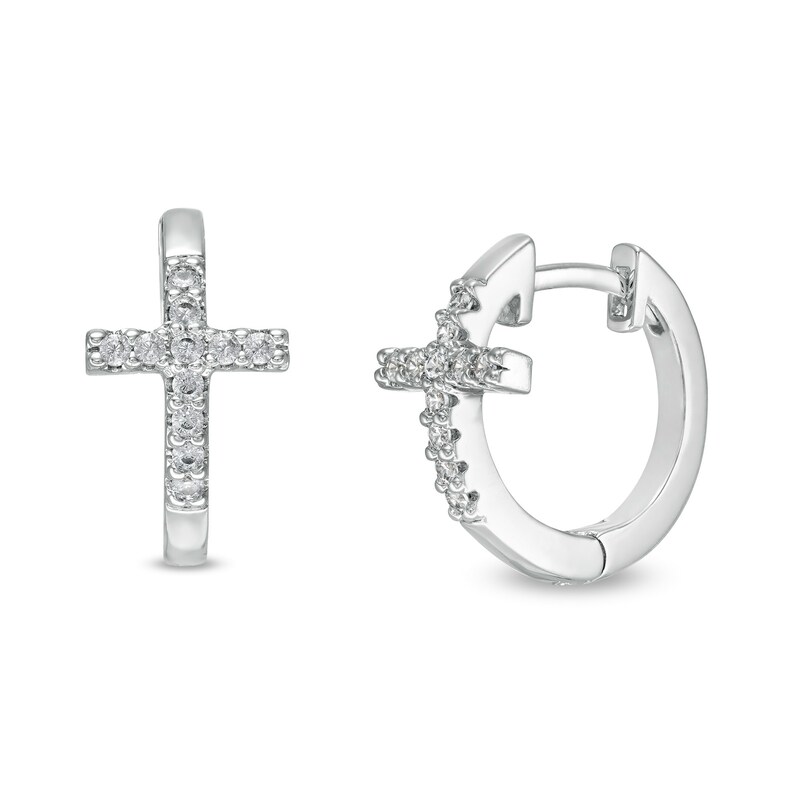 Main Image 1 of Cubic Zirconia Cross Huggie Hoop Earrings in Sterling Silver